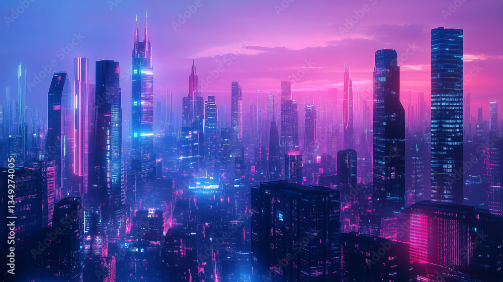 Futuristic cityscape with glowing neon lights and geometric architecture, embodying a vision of advanced urban harmony.