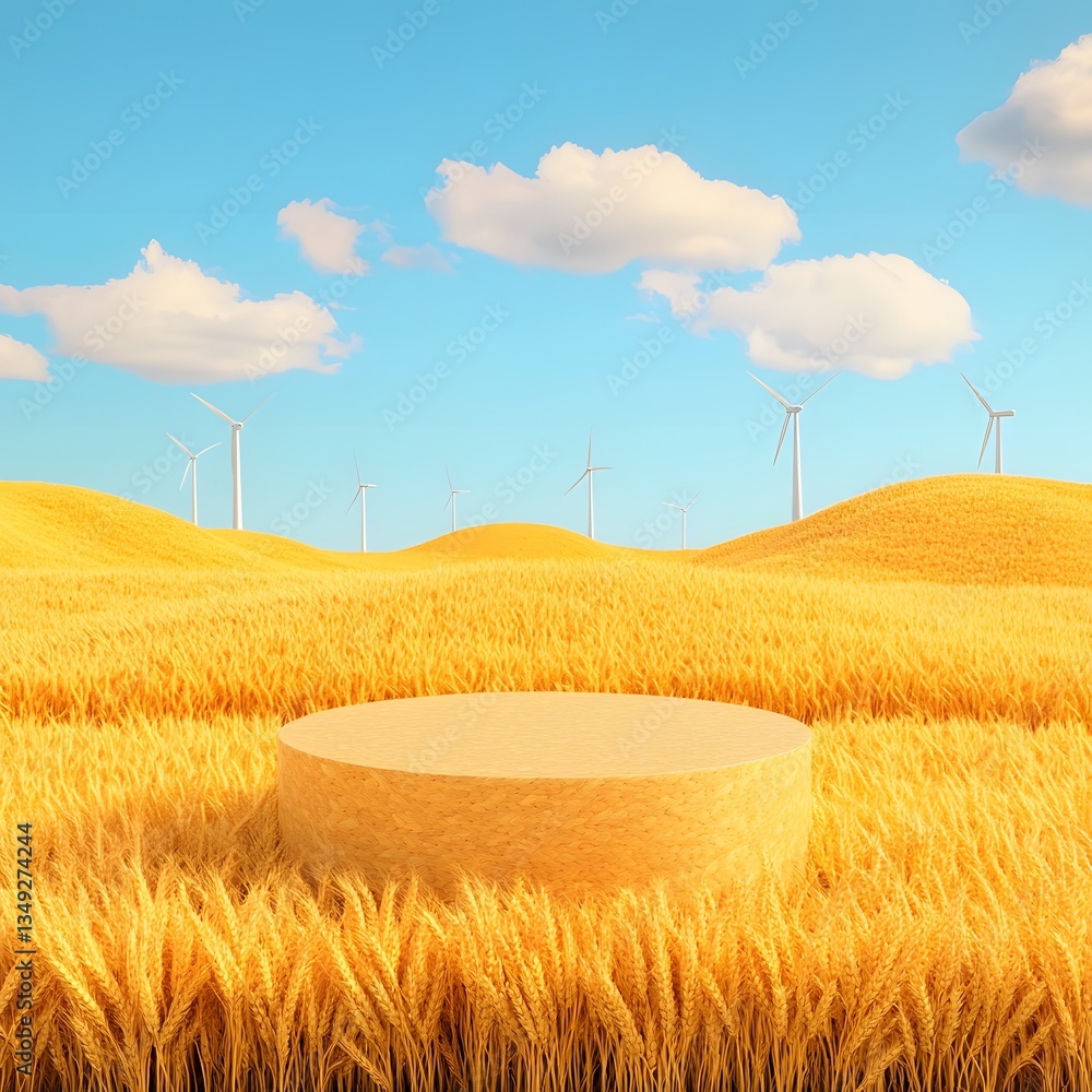 A podium built from golden wheat, standing in the middle of a vast countryside field with windmills in the distance.