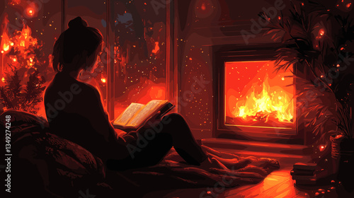 A cozy scene of a woman reading by the fireplace, surrounded by warm glowing light, evoking relaxation, comfort, and tranquility
