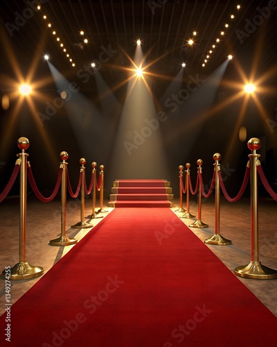 A red carpet runway with golden stanchions leading to a spotlight in a dark space.