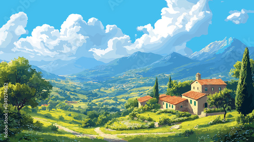 A beautiful countryside landscape with rolling green hills, traditional houses, and a bright blue sky, evoking peace, nature, and serenity