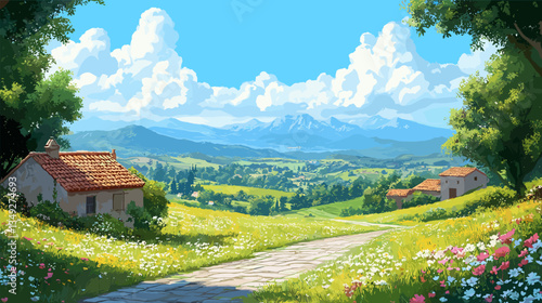 A picturesque countryside landscape with rolling green hills, wildflowers, and a bright blue sky, evoking peace, nature, and serenity