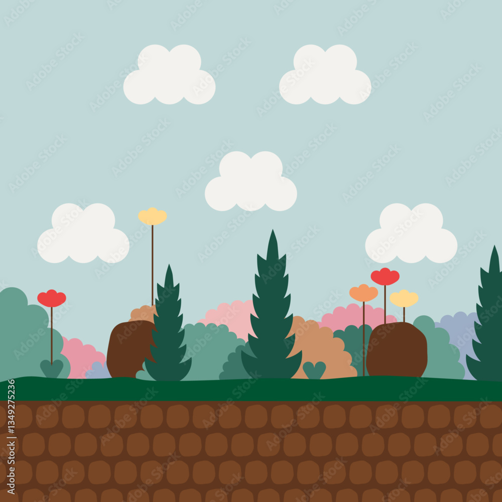 Minimalist Landscape Background with Trees and Flowers Illustration