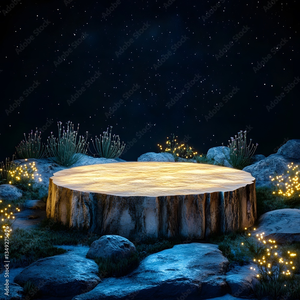 A podium made of petrified wood, placed in an otherworldly landscape filled with glowing plants.