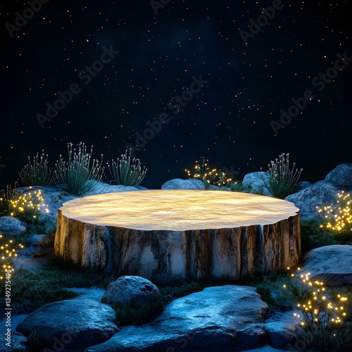 Obraz na płótnie A podium made of petrified wood, placed in an otherworldly landscape filled with glowing plants. w salonie