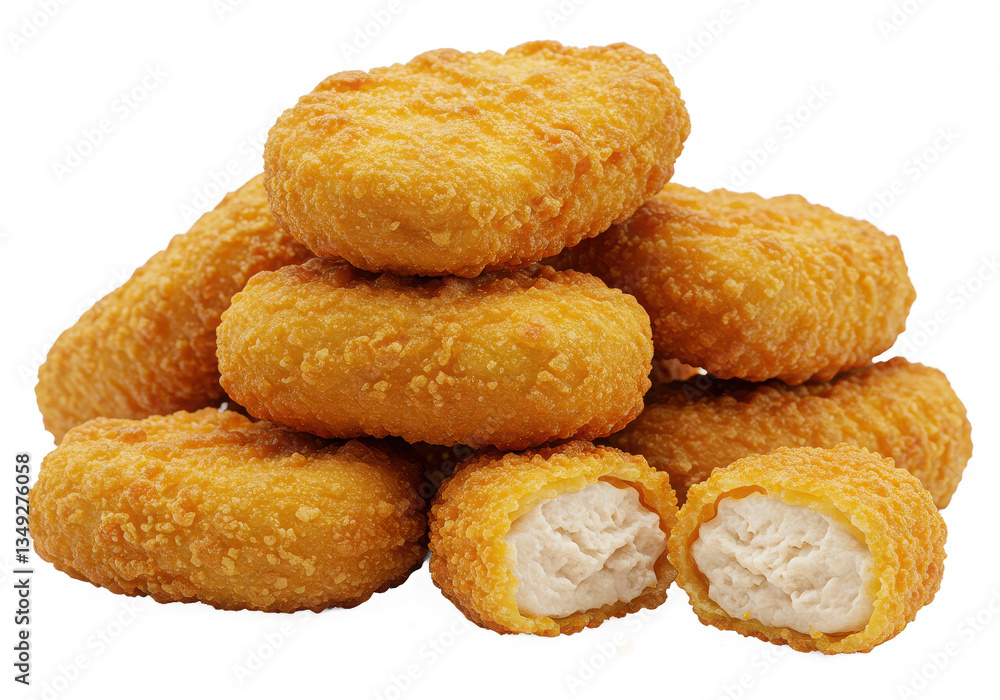 A stack of golden brown chicken nuggets with one cut in half on a black background A stack of golden brown chicken nuggets with one cut in half on a black background