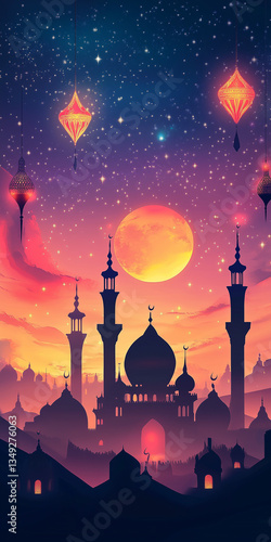 Minaret silhouette against a vibrant sunset sky frames the mosque's Arabic architecture at night