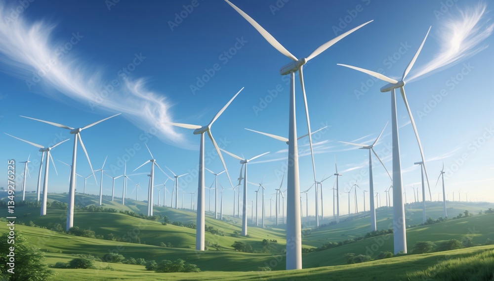 A breathtaking view of wind turbines on a vibrant green landscape under a blue sky with wispy clouds. A breathtaking view of wind turbines on a vibrant green landscape under a blue sky with wispy clouds.