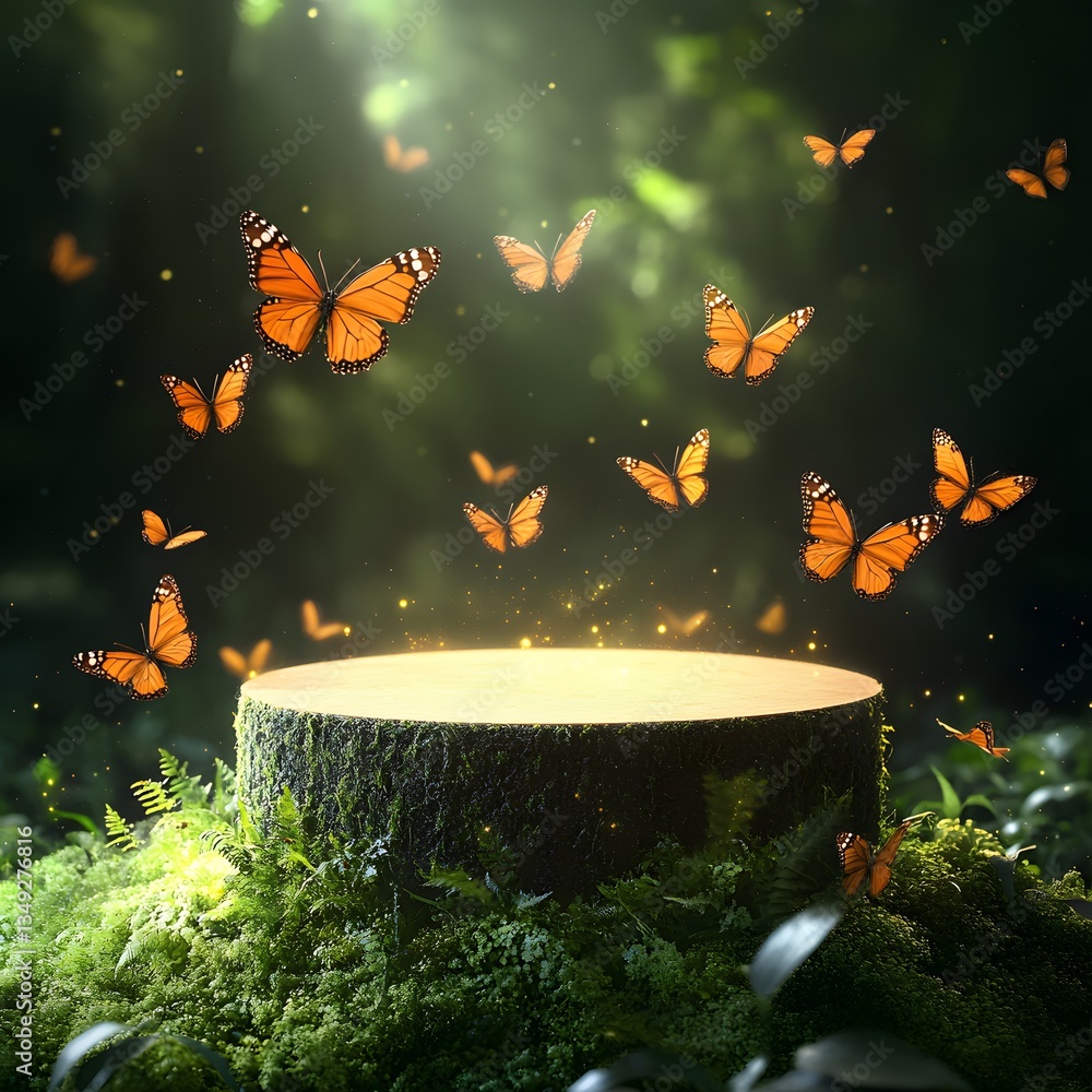 A podium resting on a bed of soft moss, surrounded by fluttering butterflies in a magical garden.