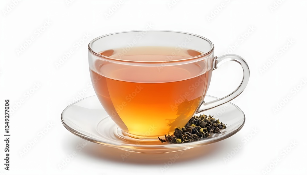 A cup of aromatic amber colored tea on a saucer A cup of aromatic amber colored tea on a saucer