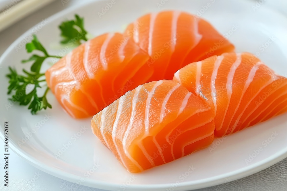 Fresh Salmon Slices on White Plate Garnished with Green Herb for Culinary Presentation Fresh Salmon Slices on White Plate Garnished with Green Herb for Culinary Presentation