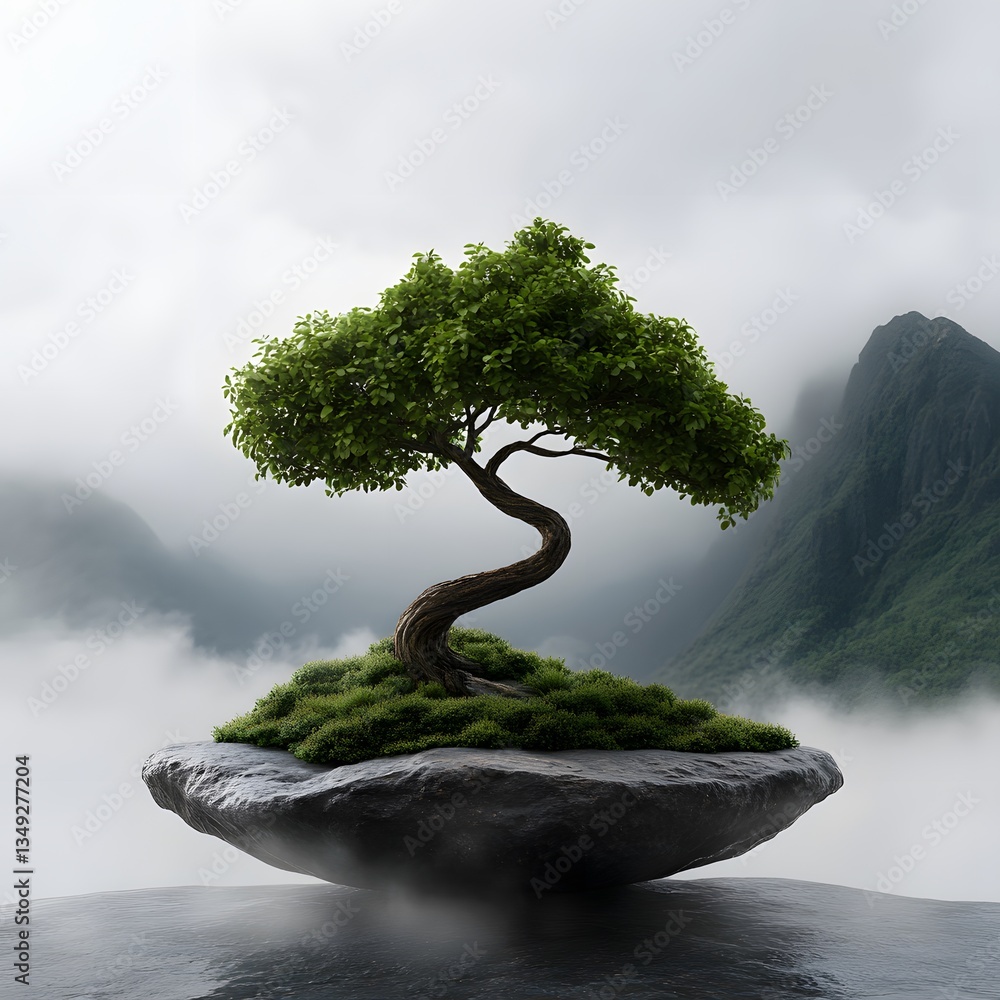 A podium formed from a twisting bonsai tree, placed in a misty mountaintop shrine.
