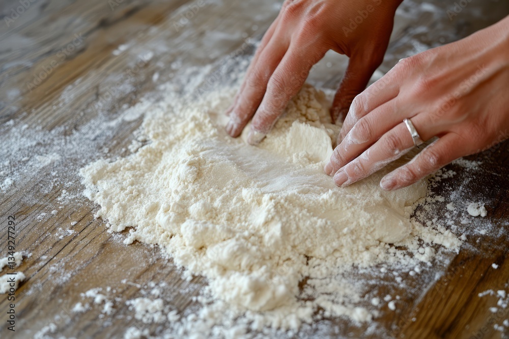 Hands Gently Mixing Flour on a Wooden Surface for Baking or Cooking Preparation Hands Gently Mixing Flour on a Wooden Surface for Baking or Cooking Preparation