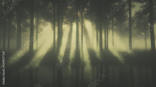 Misty forest, sunbeams filtering through trees