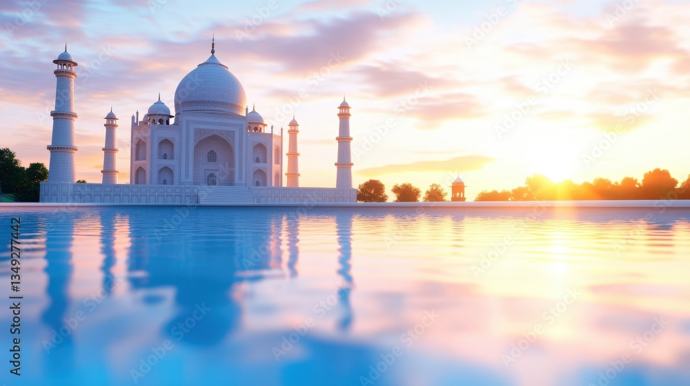 Obraz premium A stunning view of the Taj Mahal at sunset, reflecting in calm waters, showcasing its architectural beauty and serene atmosphere.