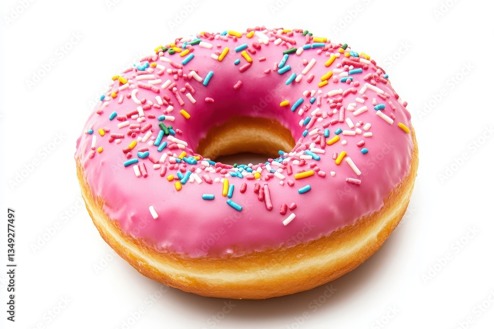 A donut with pink frosting and colorful sprinkles isolated on a white background A donut with pink frosting and colorful sprinkles isolated on a white background