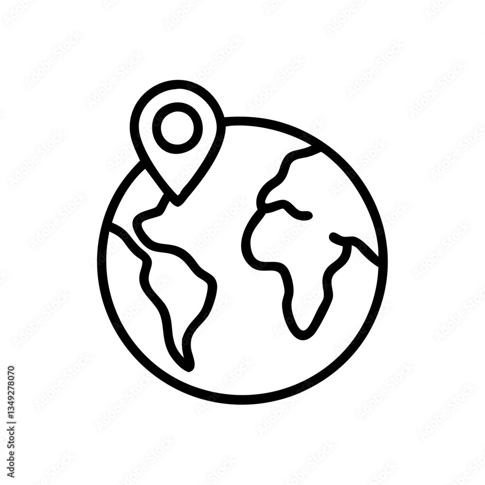 Earth globe with location pin in minimalist line art style Earth globe with location pin in minimalist line art style