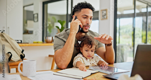 Slika na platnu Talking, baby or dad with phone call or laptop for remote work, freelance or business in home