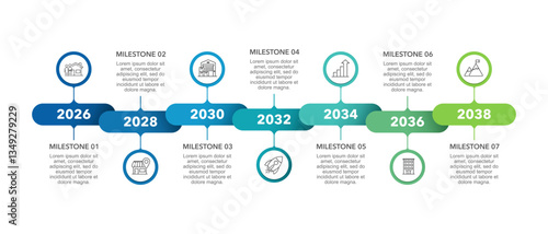7 years anniversary timeline infographic brochure. Milestone, Business presentation, Report, and Roadmap. Vector illustration.