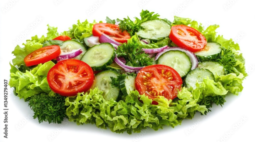 Fresh garden salad with vibrant tomatoes, cucumbers, and onions arranged on a white plate, perfect for healthy meals Fresh garden salad with vibrant tomatoes, cucumbers, and onions arranged on a white plate, perfect for healthy meals
