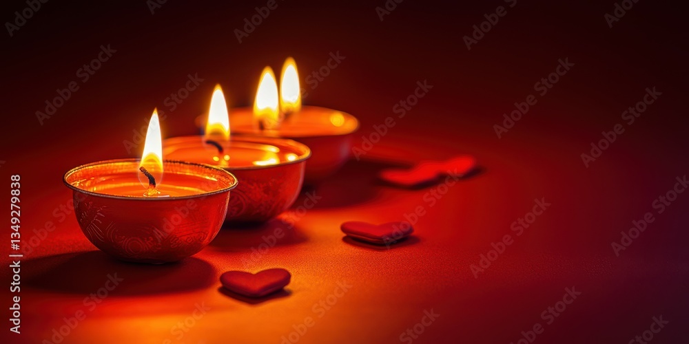 Three lit candles surrounded by heart shapes create a warm romantic ambiance for a special evening Three lit candles surrounded by heart shapes create a warm romantic ambiance for a special evening