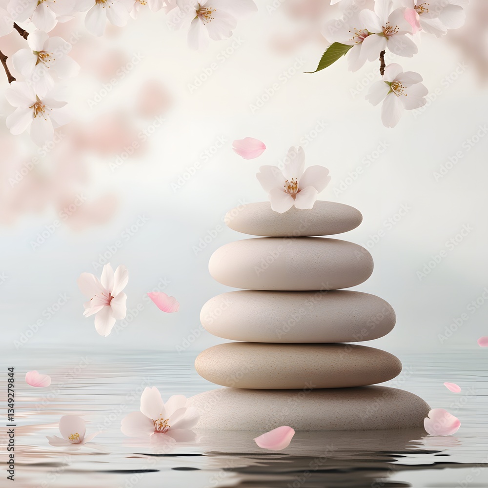 A podium made of smooth river stones, set beside a flowing stream with cherry blossom petals floating on the water.