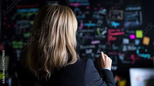 Woman brainstorming at a chalkboard wall, planning meeting