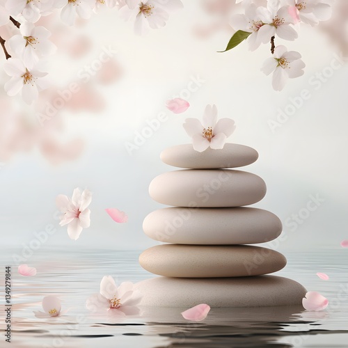 Obraz na płótnie A podium made of smooth river stones, set beside a flowing stream with cherry blossom petals floating on the water. w salonie