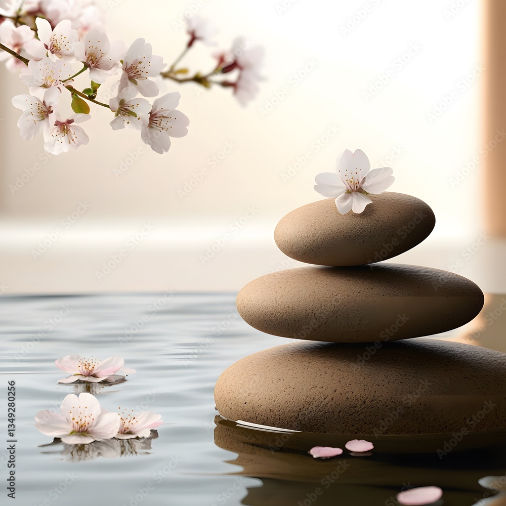 A podium made of smooth river stones, set beside a flowing stream with cherry blossom petals floating on the water.
