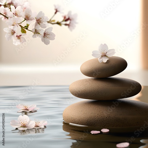 Obraz na płótnie A podium made of smooth river stones, set beside a flowing stream with cherry blossom petals floating on the water. w salonie