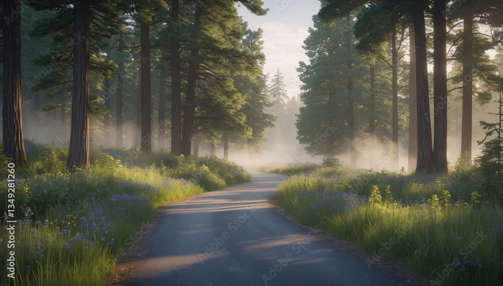 Obraz premium Serene forest path on a misty morning, framed by tall trees and wildflowers, creating a tranquil atmosphere.