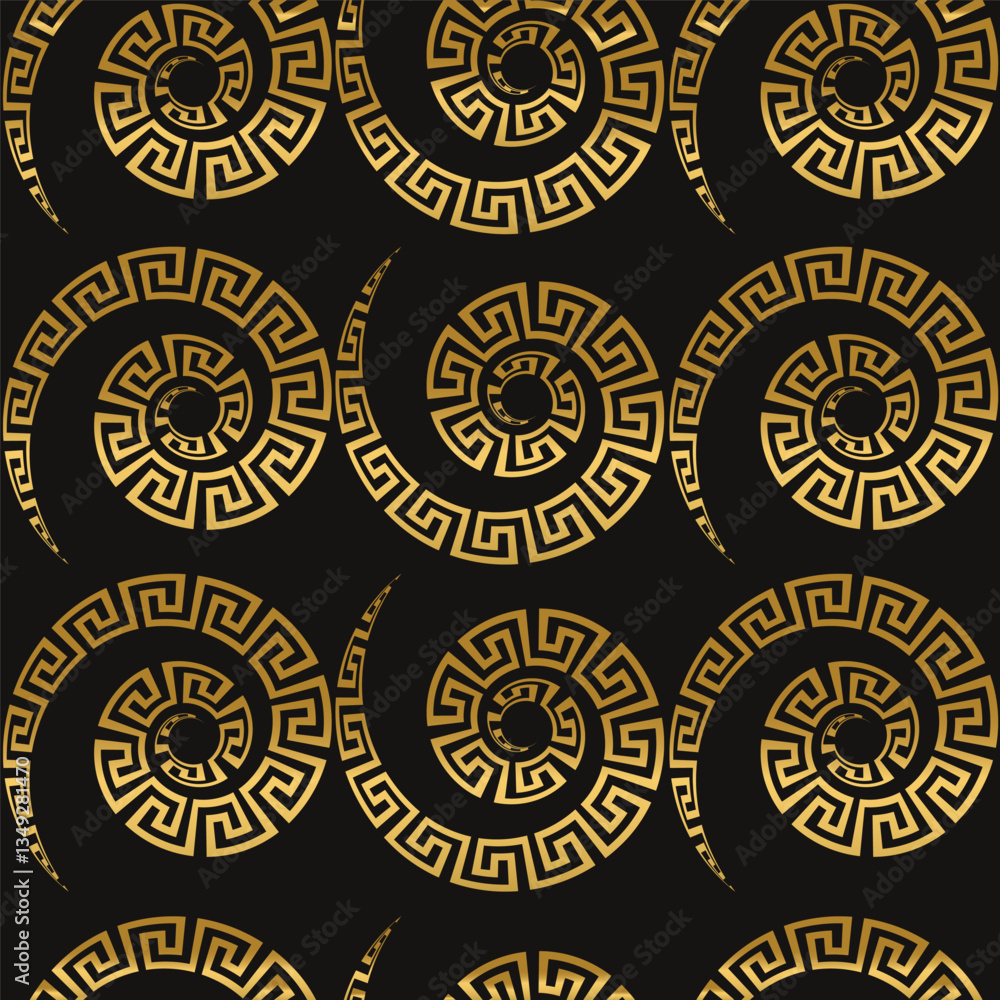 Seamless exquisite luxury pattern of golden spiral meander on black background. Oriental style for typography, printing on fabric, curtains, scarves and stoles clothes and interior Seamless exquisite luxury pattern of golden spiral meander on black background. Oriental style for typography, printing on fabric, curtains, scarves and stoles clothes and interior