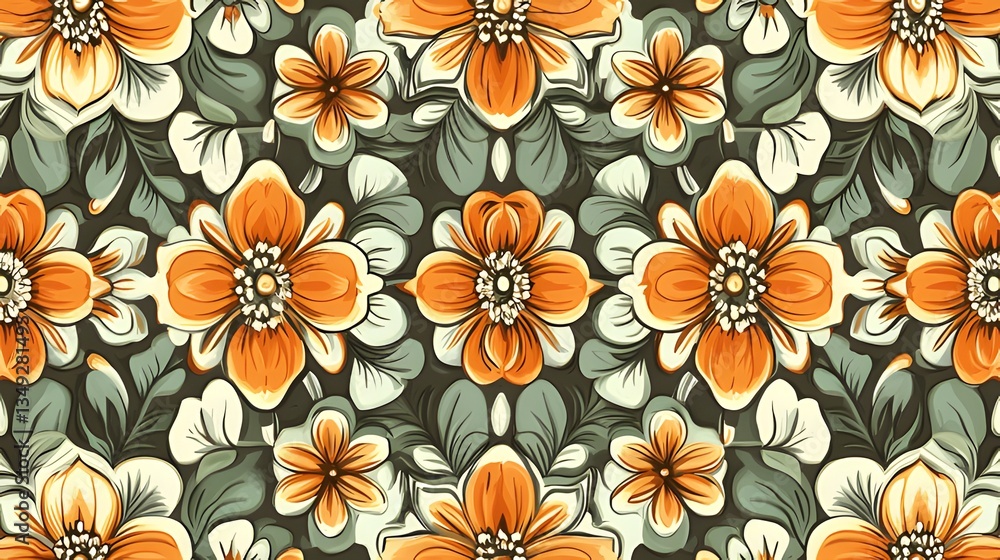custom made wallpaper toronto digitalA vintage floral pattern showcasing a symmetrical array of stylized flowers in orange, green, and white, evoking a retro vibe.