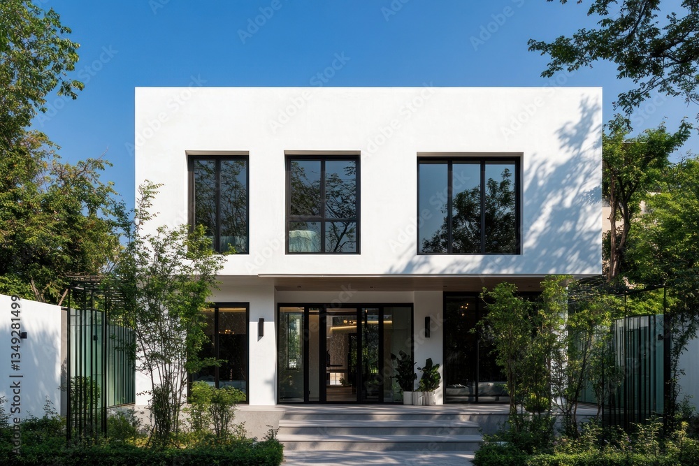 Modern white house facade in a garden setting Modern white house facade in a garden setting