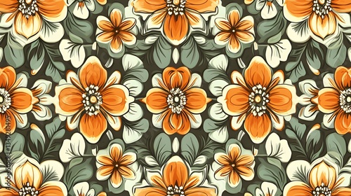 Wallpaper Mural A vintage floral pattern showcasing a symmetrical array of stylized flowers in orange, green, and white, evoking a retro vibe. Torontodigital.ca