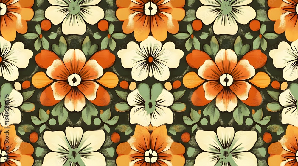 A classic floral pattern with a symmetrical display of stylized flowers in warm orange, green, and white hues, evoking a retro charm. A classic floral pattern with a symmetrical display of stylized flowers in warm orange, green, and white hues, evoking a retro charm.