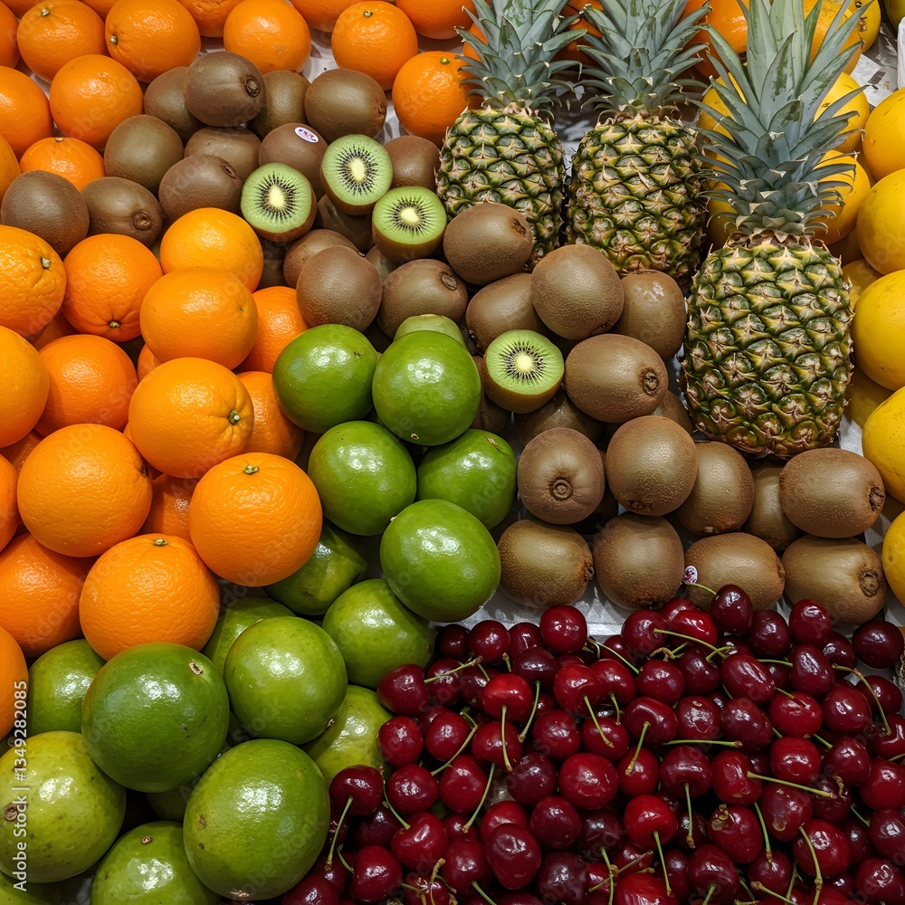 Fresh fruits and vegetables at the market with a variety of apples, oranges, grapes, bananas, and more Fresh fruits and vegetables at the market with a variety of apples, oranges, grapes, bananas, and more