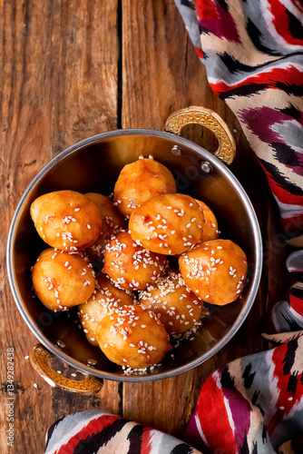 Luqaimat, sweet fried dumplings sprinkled with sesame seeds served in a metal bowl on a wooden table top view of traditional Middle Eastern dessert