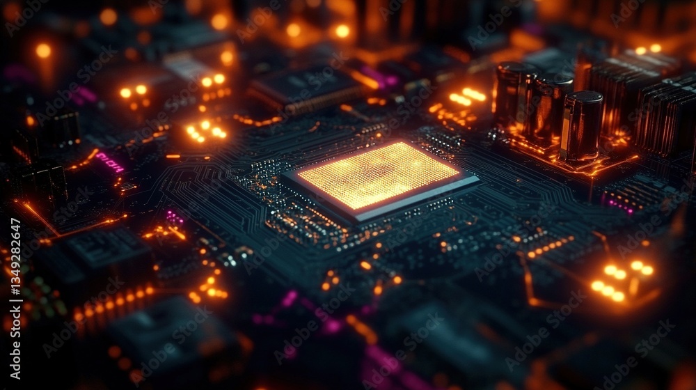 Close-up of advanced circuit board with glowing components, symbolizing AI and machine learning power, dark background highlights chip details, vibrant orange and purple contrasts, macro photography Close-up of advanced circuit board with glowing components, symbolizing AI and machine learning power, dark background highlights chip details, vibrant orange and purple contrasts, macro photography