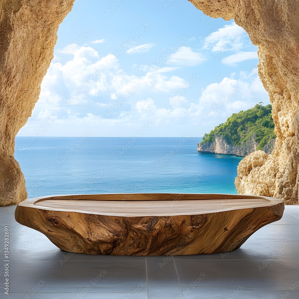 A podium shaped from naturally curved driftwood, placed in a peaceful tropical cove.