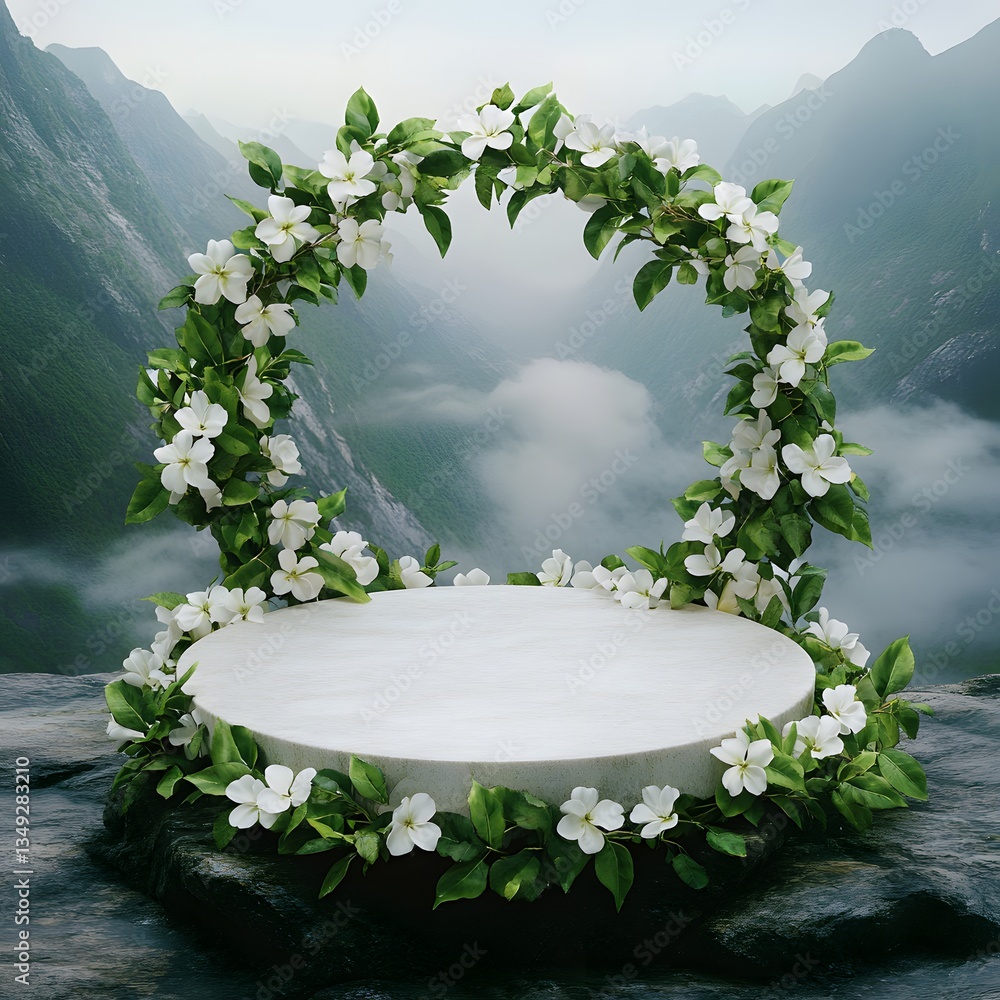A podium covered in delicate white jasmine flowers, placed in a foggy mountain valley.