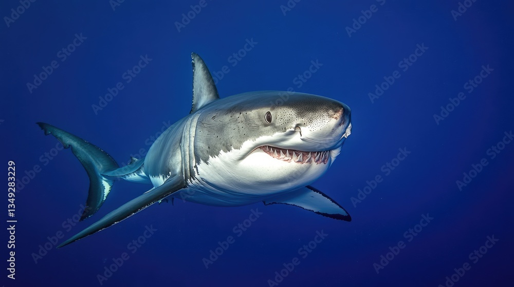 Naklejka premium A great white shark swimming in deep blue ocean waters, its sharp teeth slightly visible