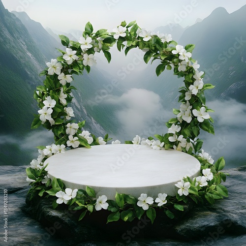 Obraz na płótnie A podium covered in delicate white jasmine flowers, placed in a foggy mountain valley. w salonie