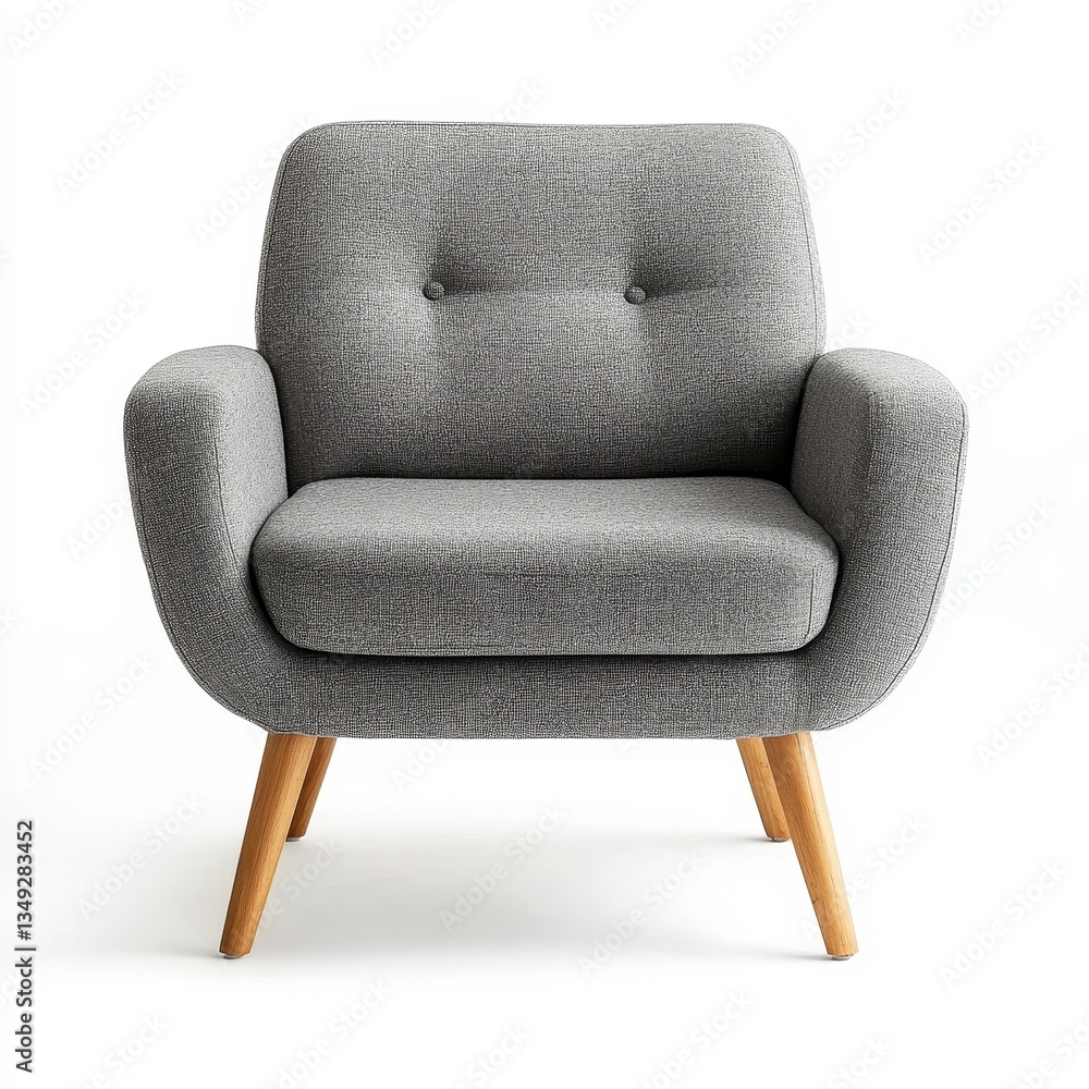 Naklejka premium Gray Fabric Armchair with Wooden Legs - Scandinavian Elegance