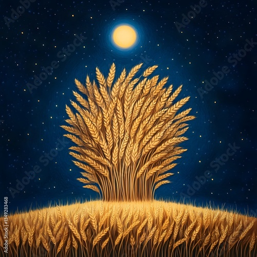 Obraz na płótnie A podium woven from golden wheat stalks, standing in a glowing field under a harvest moon. w salonie