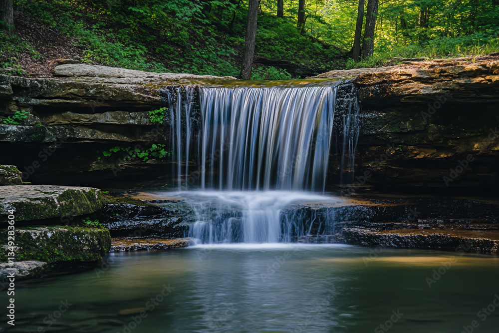 Beautiful waterfall in a vacation travel background at Hocking State Park, with the ominous light of the morning sun.