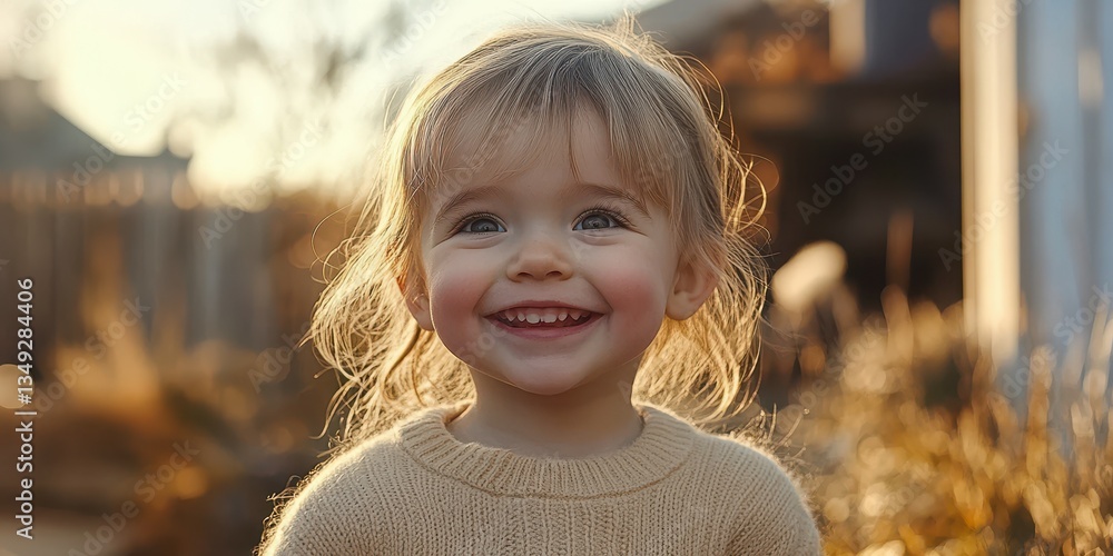 Young child with a joyful smile in a sunlit outdoor setting during golden hour Young child with a joyful smile in a sunlit outdoor setting during golden hour
