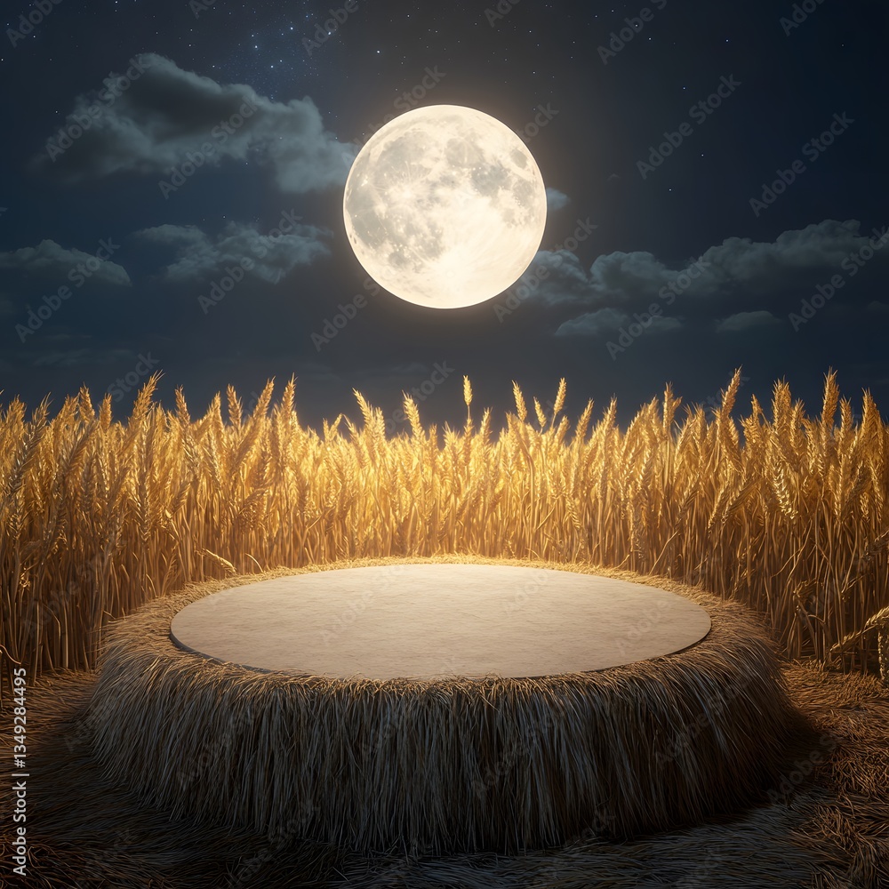 A podium woven from golden wheat stalks, standing in a glowing field under a harvest moon.