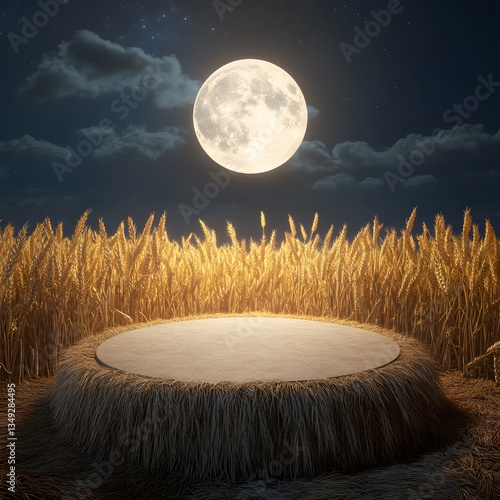Obraz na płótnie A podium woven from golden wheat stalks, standing in a glowing field under a harvest moon. w salonie