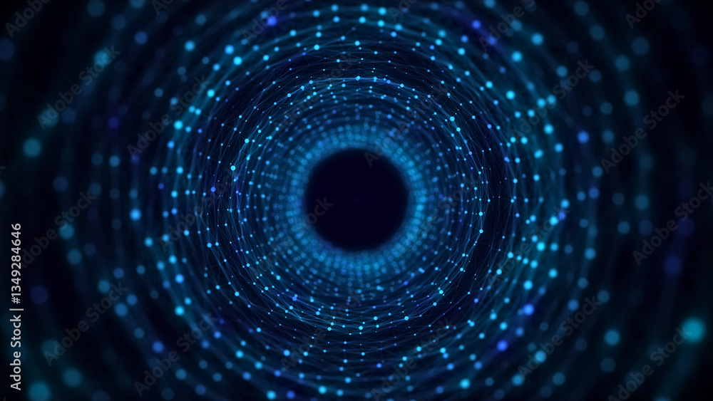 Naklejka premium Cyber tunnel consisting of moving glowing points. Futuristic infinite space background. Concept of data transfer in cyberspace. Hi-tech illustration. 3d rendering.